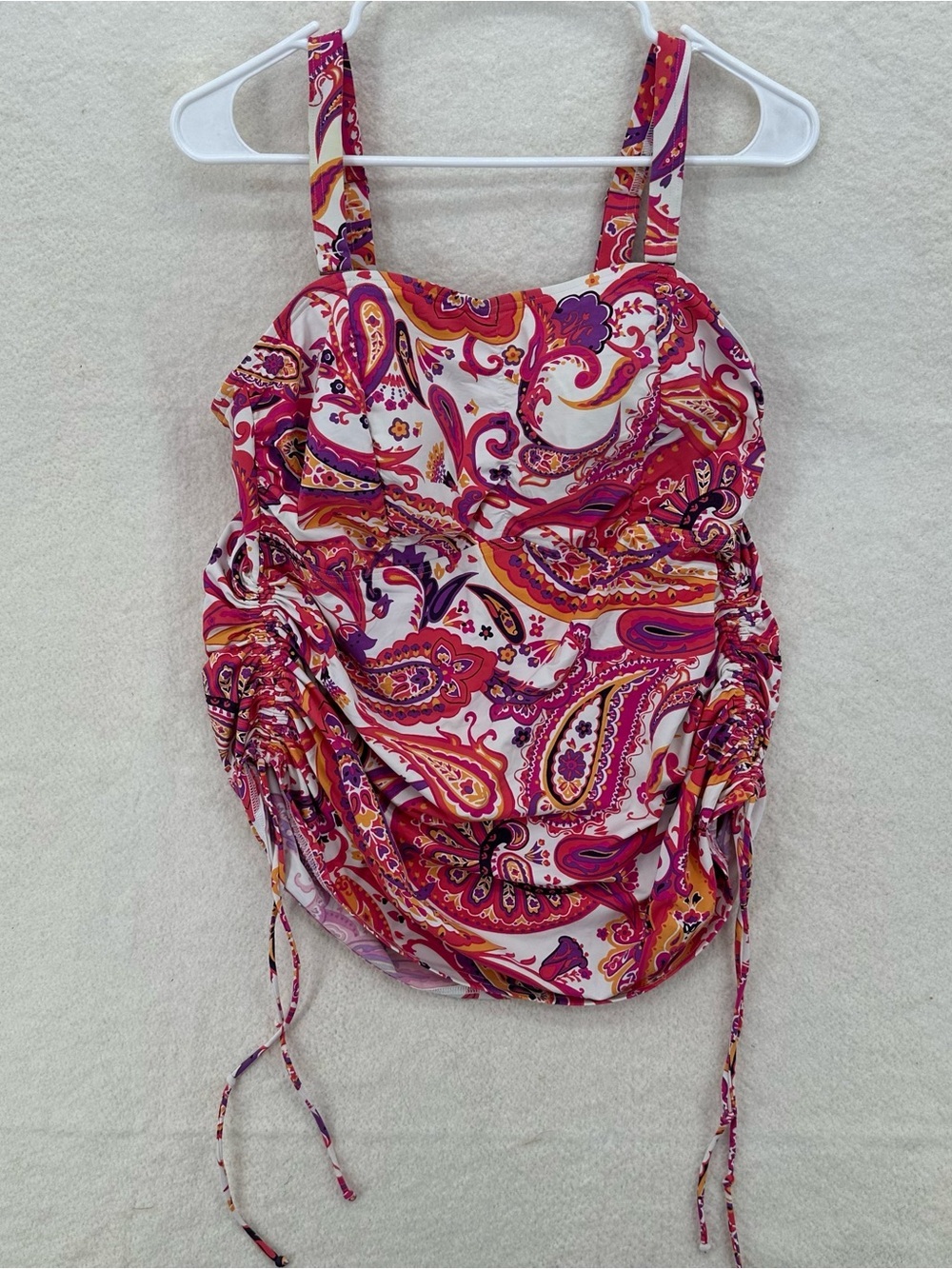 Tankini Y2K Paisley Ruched Swim Top in Orange Pink and White - Picture 2 of 6